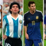 Diego Maradona y Lionel Messi con la camiseta de la selección argentina de fútbol.