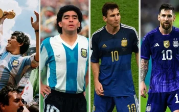Diego Maradona y Lionel Messi con la camiseta de la selección argentina de fútbol.