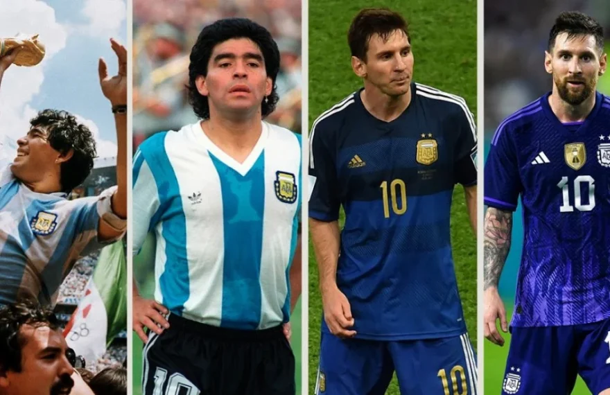 Diego Maradona y Lionel Messi con la camiseta de la selección argentina de fútbol.
