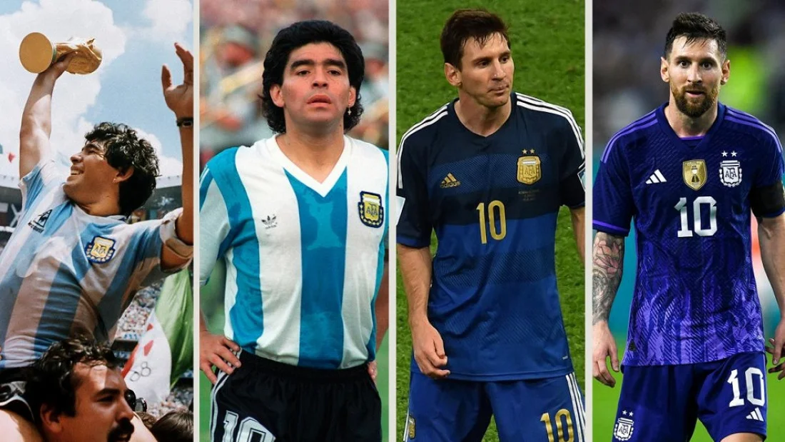 Diego Maradona y Lionel Messi con la camiseta de la selección argentina de fútbol.